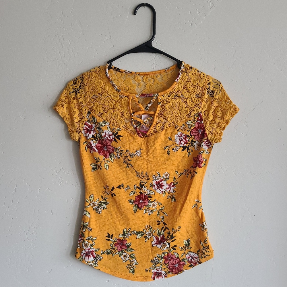 Floral shirt with lacey details, yellow blouse, women's floral shirt